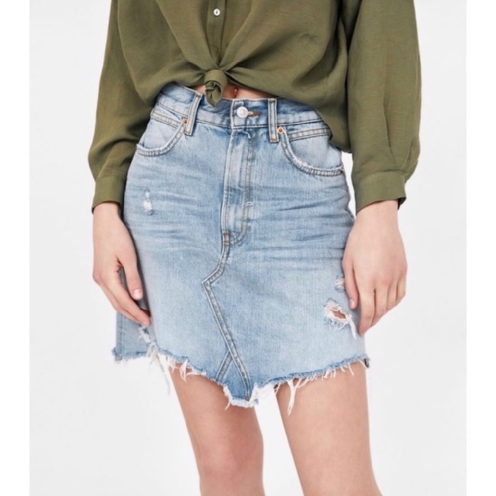 ZARA RIPPED DESTROYED FRAYED DENIM BOHO JEAN SKIRT